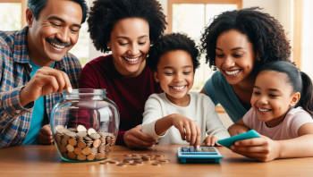 Family putting money in a savings jar while using a calculator.