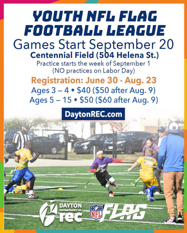 Flier promoting 2025 Youth Flag Football. Details available below flier.