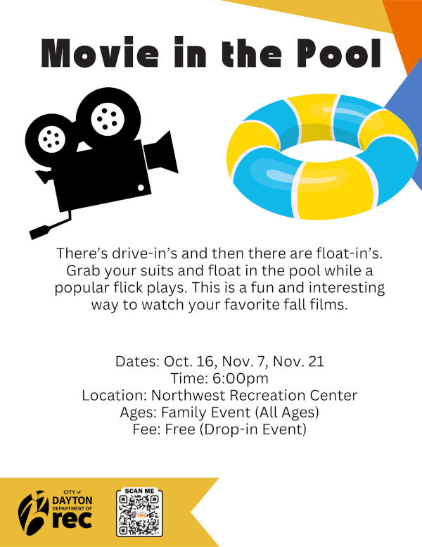 Flyer promoting 2025 Movie in the Pool. Text version available below and to right of flyer.