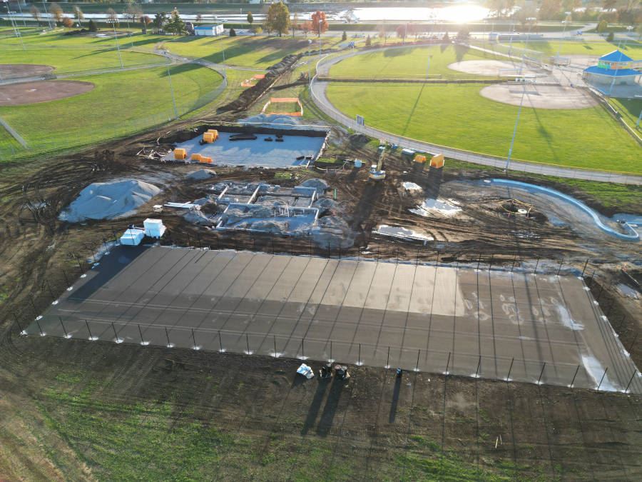 Aerial view of pickleball court construction site at Kettering Fields Sports Complex.